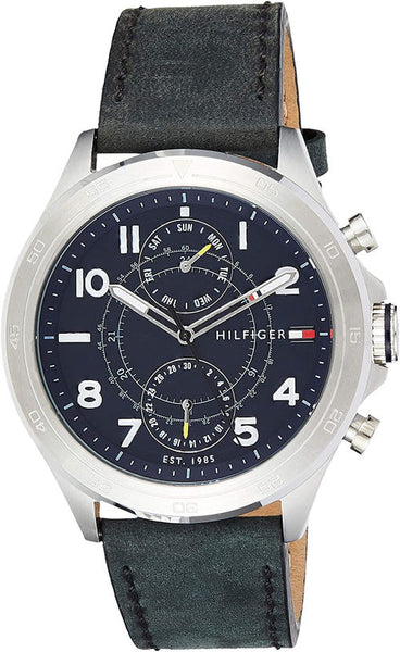 tommy hilfiger black strap watch with silver and blue dial front
