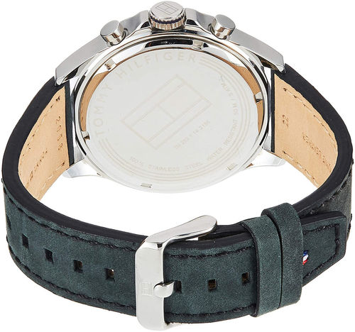 tommy hilfiger black strap watch with silver and blue dial back