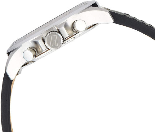 tommy hilfiger black strap watch with silver and blue dial side