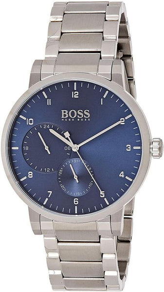 hugo boss men silver bracelet watch with blue dial front
