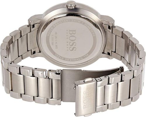 hugo boss men silver bracelet watch with blue dial behind