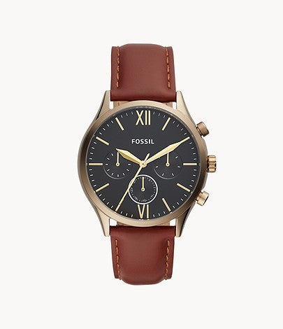 fossil brown strap men watch with golden and blue dial front
