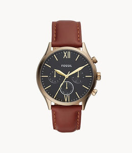 fossil brown strap men watch with golden and blue dial front