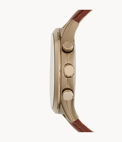 fossil brown strap men watch with golden and blue dial side